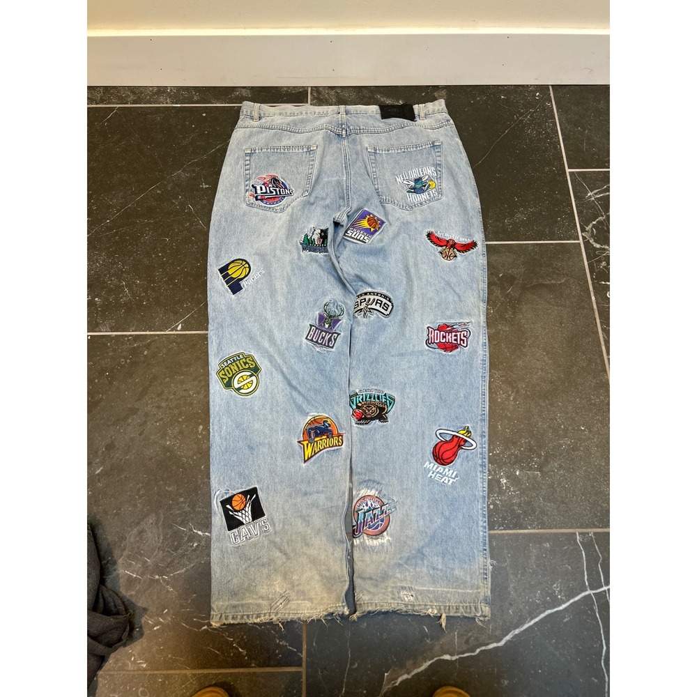 UNK NBA All Team Patch Denim Jeans Light Wash Baggy Fit Mens 38x33 Vintage 90s